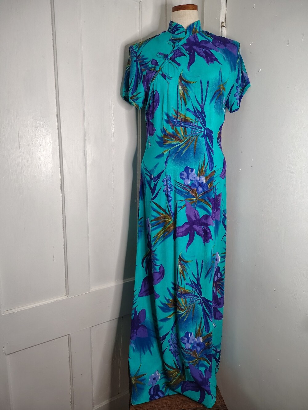 Vintage 1990s Dress Barn Tropical Floral Chinese Cheongsam Maxi Dress Womens S
